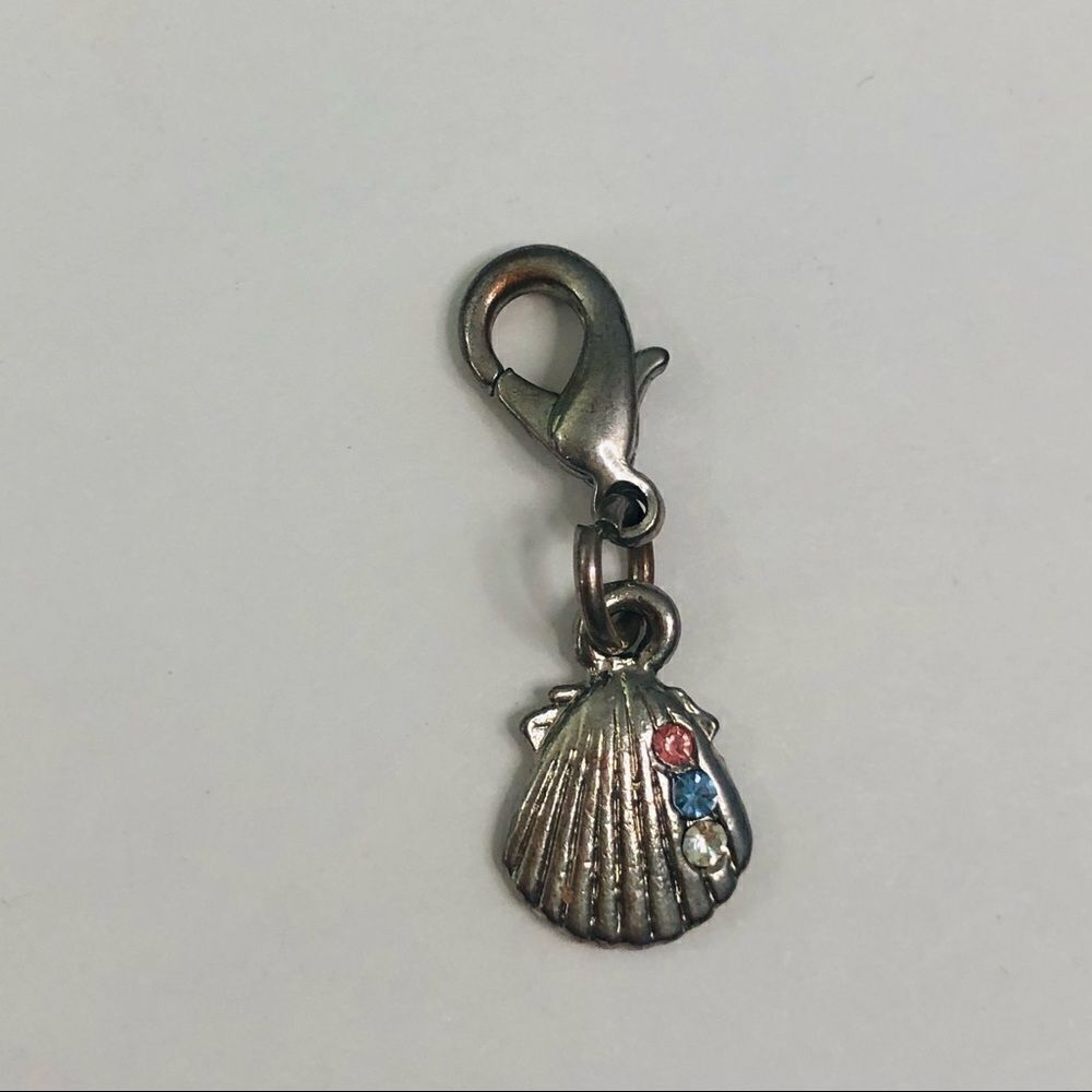 clam charm pink blue and clear stones lobster hook silver tone dangle charm‎